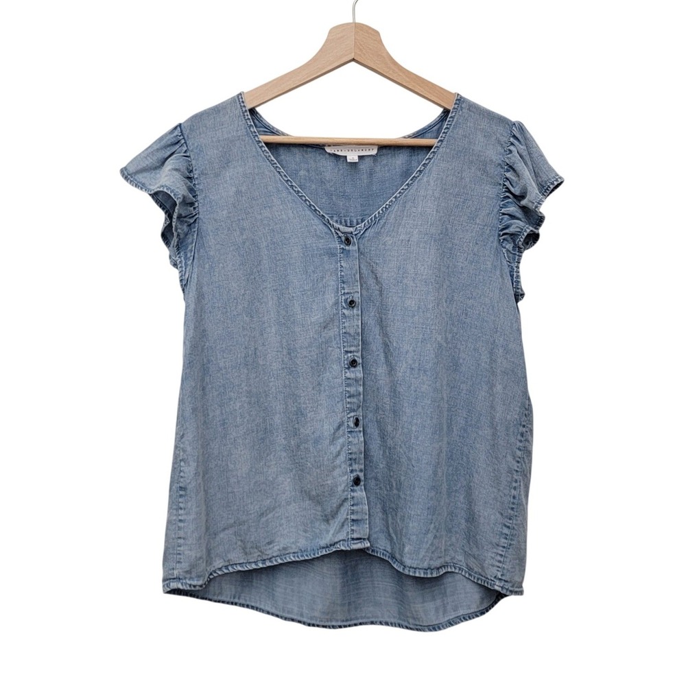Jane + Delancey Chambray Button Down Top M‎ Coastal Blue Ruffle Sleeve Lyocell